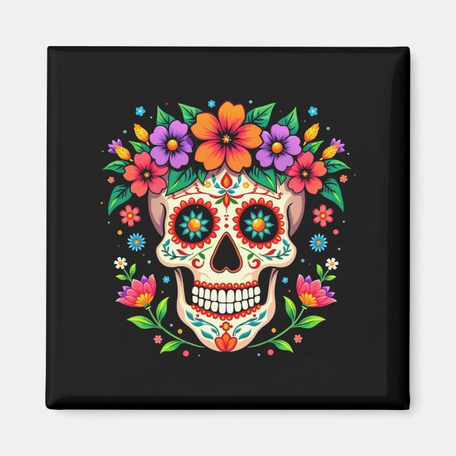 Íman Crânio de Açúcar do Dia dos Mortos com Flores Masc (Frente)