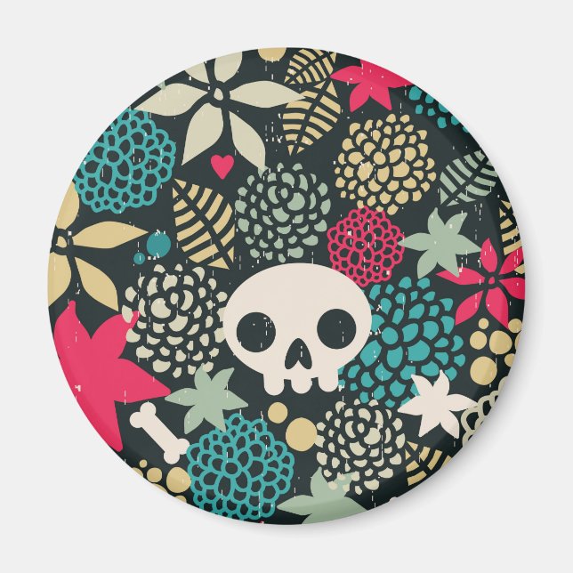 Íman Crânio de açúcar, monstro engraçado, padrão floral (Frente)