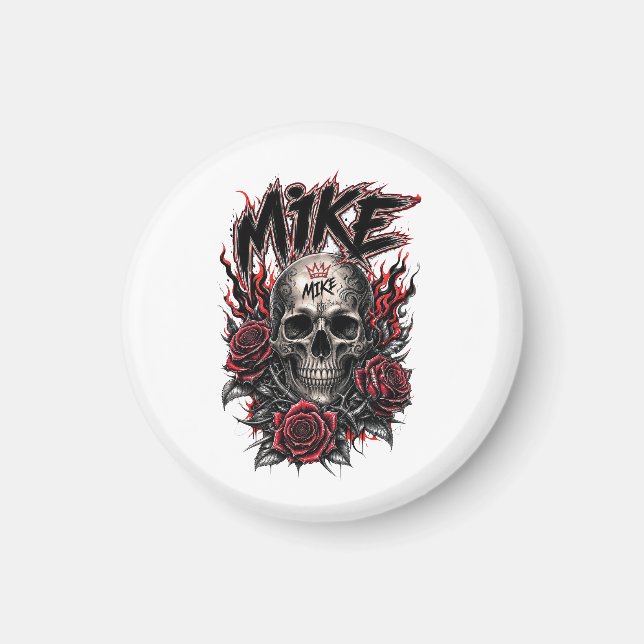 Íman Crânio Gótico Mike com Rosas Vermelhas e Chamas (Frente)