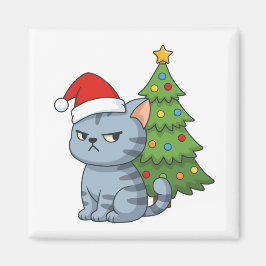 Íman Cranky Grey Tabby Cat Red Hat Christmas Tree