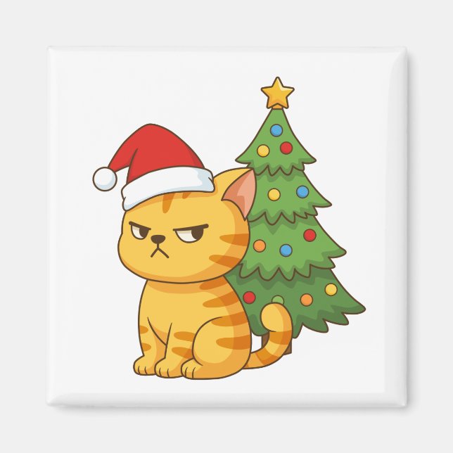 Íman Cranky Orange Tabby Cat Red Hat Christmas Tree (Frente)