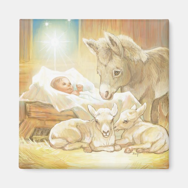 Íman Criança Jesus Natividade com Lambs e Donkey (Frente)