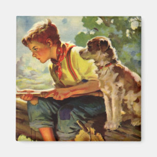 Íman Criança Vintage, Garoto pescando com seu Cachorro