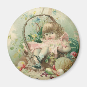 Íman Criança Vitoriana Antiga, Menina Cesta de Frutas d