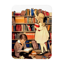 Íman Crianças Antigas Lendo Livros da Biblioteca
