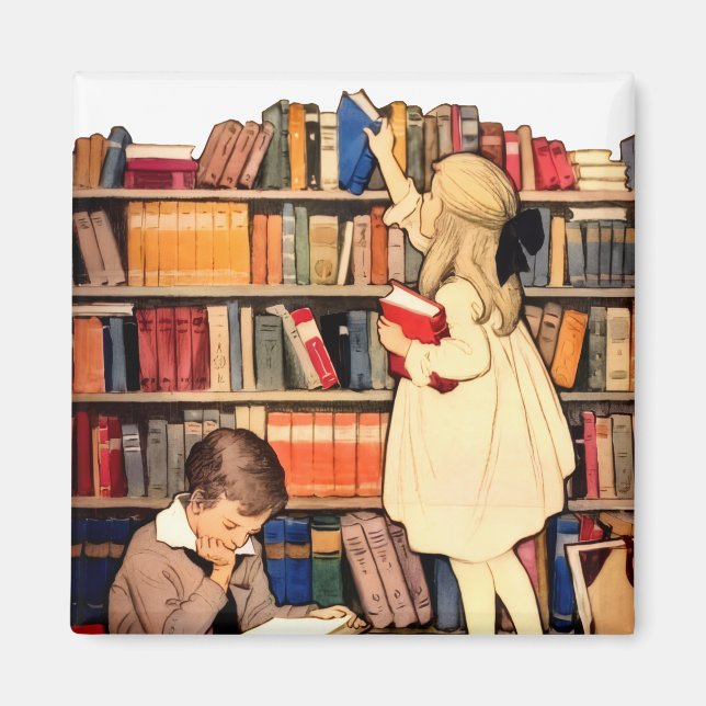 Íman Crianças Antigas Lendo Livros da Biblioteca (Frente)