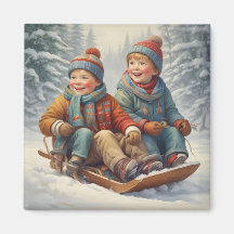 Crianças em um ímã trenó