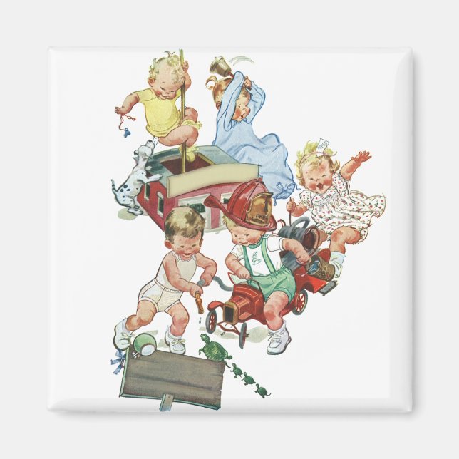 Íman Crianças Vintage Brincando com Bombeiros (Frente)