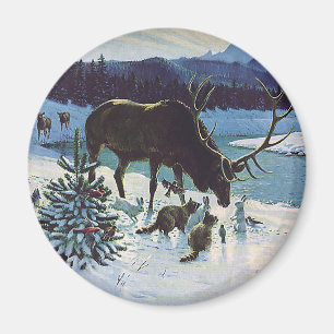 Íman Criaturas e alces da floresta do vintage na neve