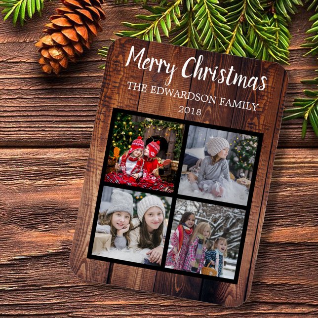 Íman Crie sua própria colagem de fotos da família de na (Merry Christmas family photo collage, rustic magnetic card.)