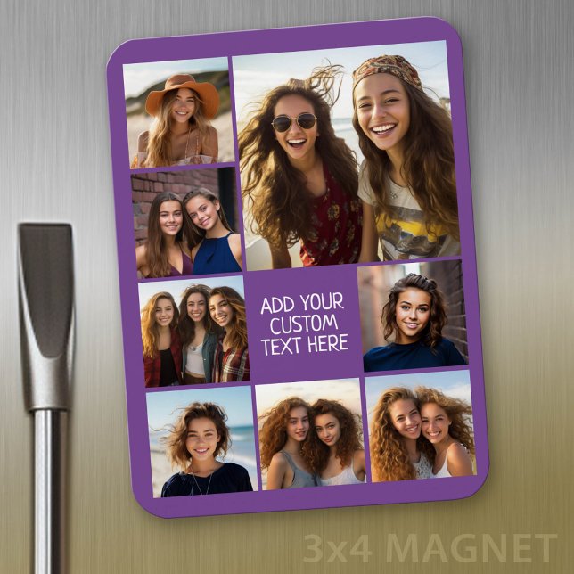 Íman Crie uma colagem de fotos personalizada com 8 foto (Personalized magnet with photo collage and text)