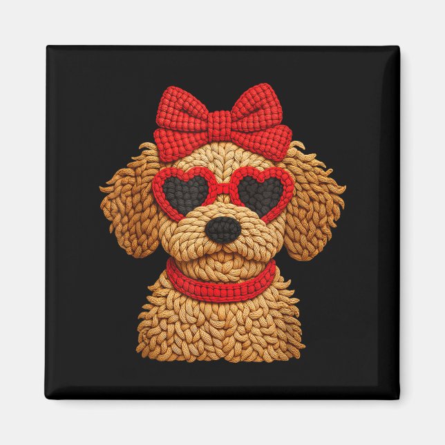 Íman Crochet Puppy Heart Sungles Red Bow Valentines Day (Frente)