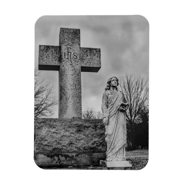 Íman Crucifixo e anjo em preto e branco  (Vertical)