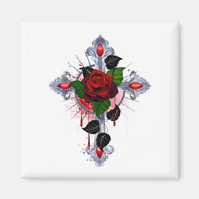 Íman Cruz de Prata com Rosa vermelha (Frente)