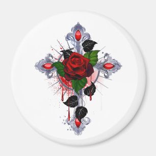 Íman Cruz de prata com uma rosa vermelha
