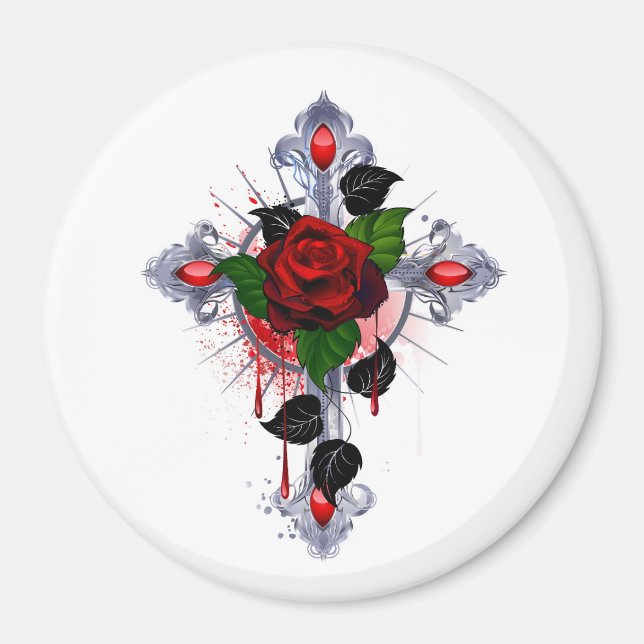 Íman Cruz de prata com uma rosa vermelha (Frente)