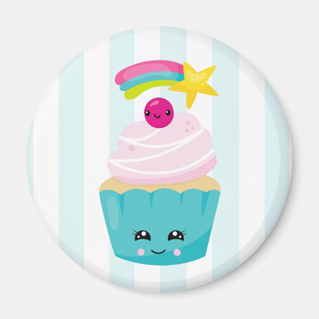 Íman Cupcake azul-bonito com a face Kawaii (Frente)