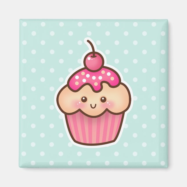 Íman Cupcake cor-de-rosa de Kawaii e bolinhas bonitos (Frente)