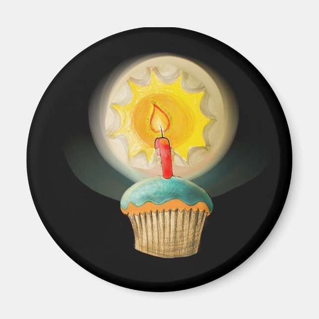 Íman Cupcake de Aniversário com Botão de Vela Brilhante (Frente)