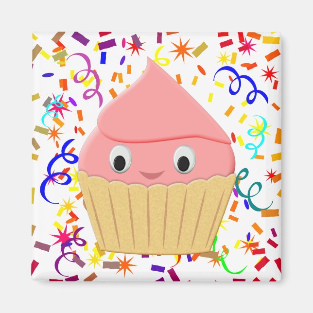 Íman Cupcake De Morango De Cartoon Bonito Com Confetti (Frente)