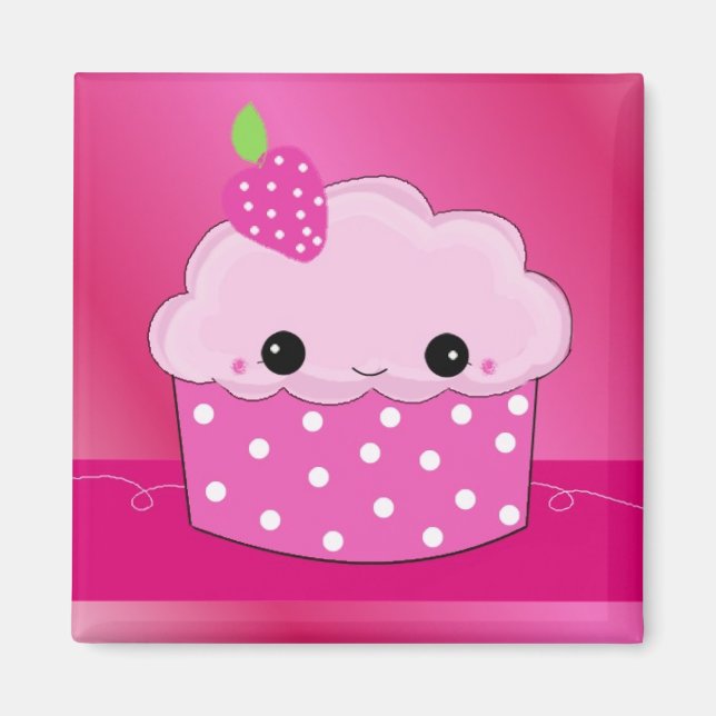 Íman Cupcake de pontos de morango rosa (Frente)