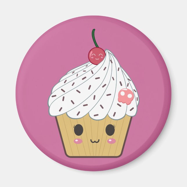 Íman Cupcake Kawaii com Crânio e Cereja de Açúcar Rosa (Frente)