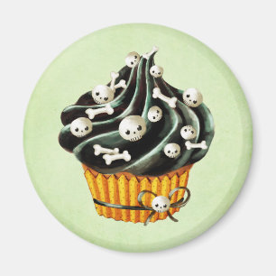 Íman Cupcake preto de Halloween com minúsculos crânio