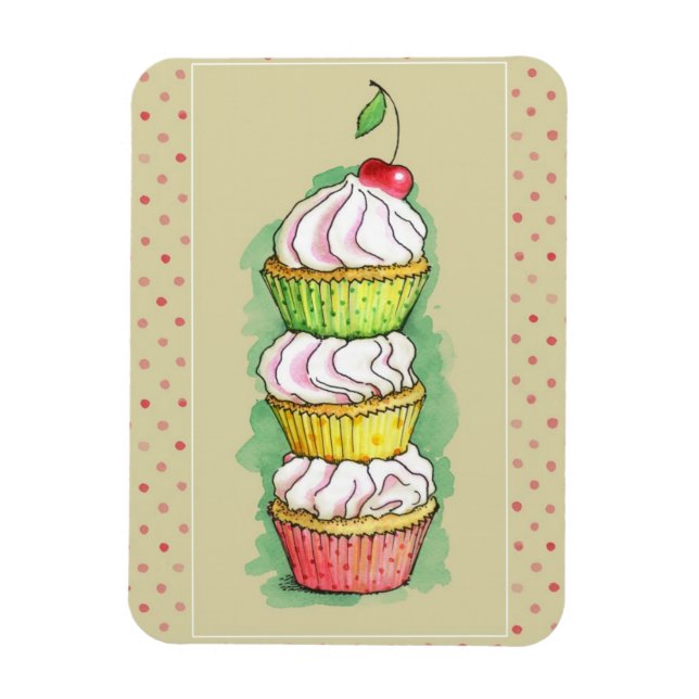 Íman Cupcakes de aquarelas. Ilustração de cozinha. (Vertical)