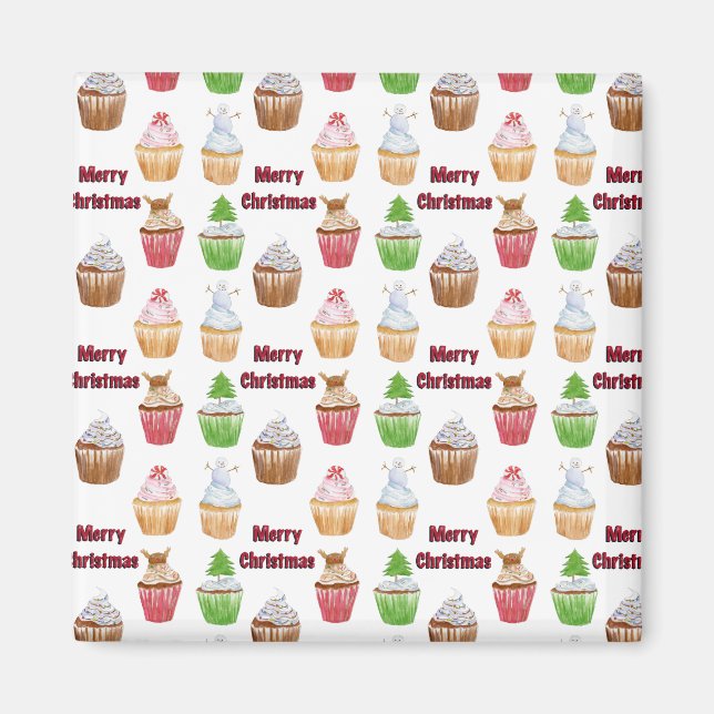 Íman Cupcakes de Natal em Aquarela Feliz Natal (Frente)