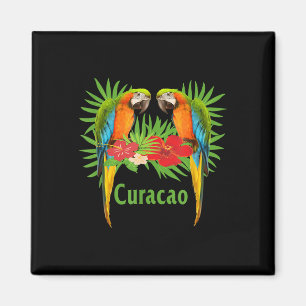 Íman Curacao Vacation Parrots Tropical Flowers Green Pa