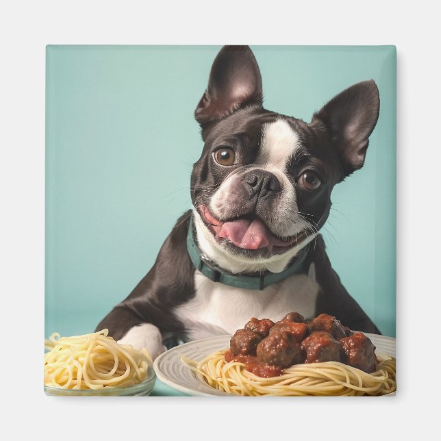Íman Curioso Terrier de Boston com espaghetti Bolognais (Frente)