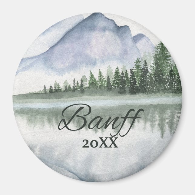 Íman Custom Banff Watercolor Mountain Lake Trees (Frente)