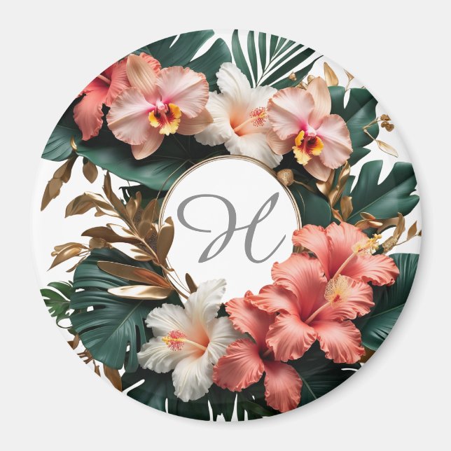 Íman Custom Floral Monogram Tropical Fridge Magnet (Frente)