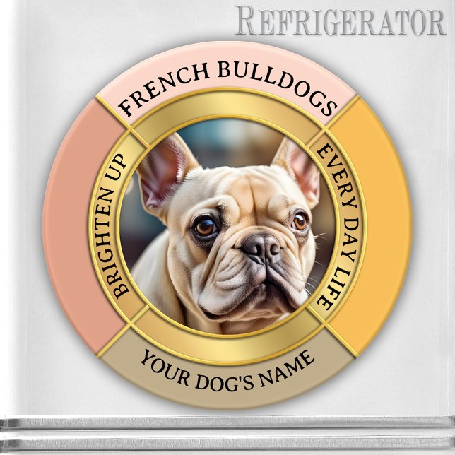 Íman Custom French Bulldog Gold Frame Photo Magnet (French bulldog personalized photo magnet with gold pastel elegant design)