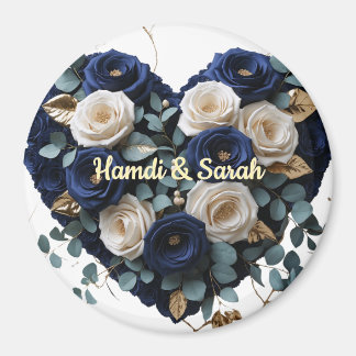 Íman Custom Navy Gold Floral Monogram Round Magnet