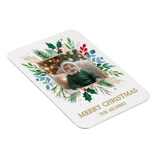 Íman Custom Photo Merry Christmas Watercolor Botanical