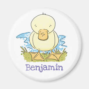 Íman Cute baby duck by pond cartoon illustration