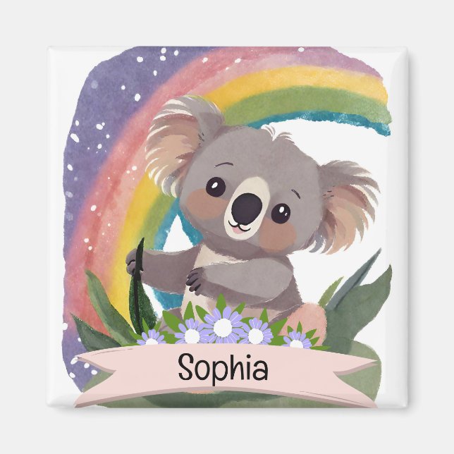 Íman Cute Baby Koala Rainbow Nome Personalizado (Frente)