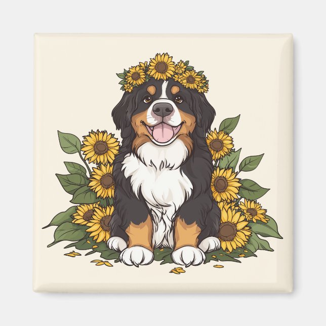 Íman Cute Bernese Mountain Dog Wearing Sunflower Crown (Frente)