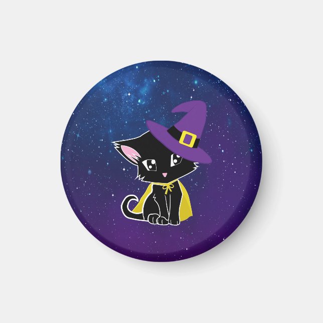 Íman Cute Black Cat Wizard Under the Stars Keychain (Frente)
