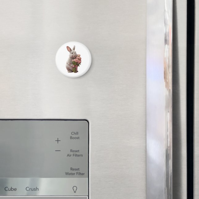 Íman  “Cute Bunny with Pink Roses” Adorable Art Design (In Situ (Fridge))