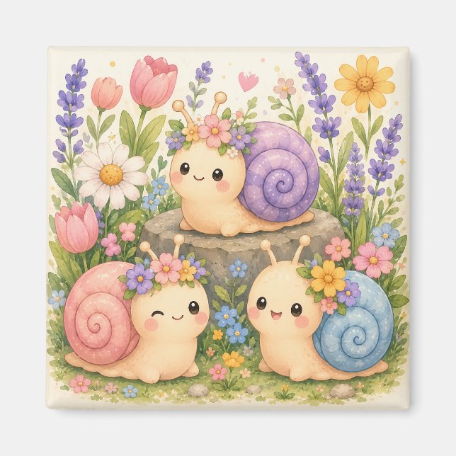 Íman Cute caracóis kawaii com flores (Frente)