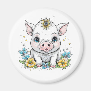 Íman Cute Cartoon Pig in Flowers