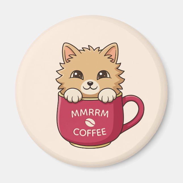 Íman Cute Cat in Coffee Mug Beige Custom Text (Frente)