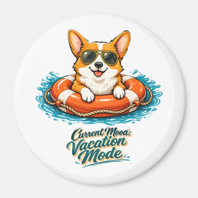 Íman Cute Corgi "Vacation Mode" Summer Design (Frente)