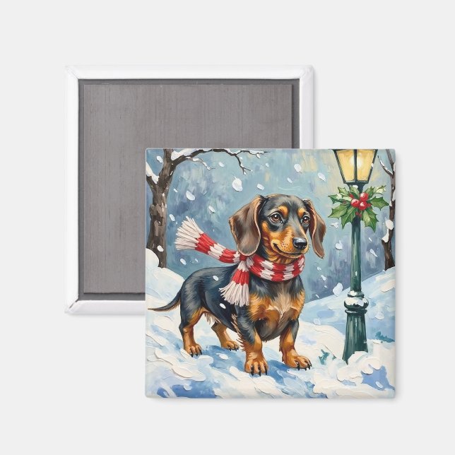 Íman Cute Dachshund Puppy Cozy Winter Scarf Art (Front/Back)