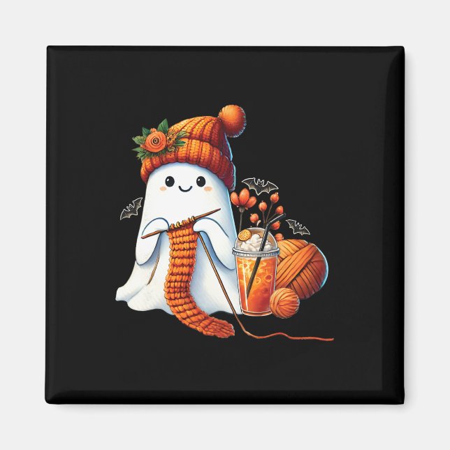 Íman Cute Ghost Crochet Knitting Amante Café de Hallowe (Frente)