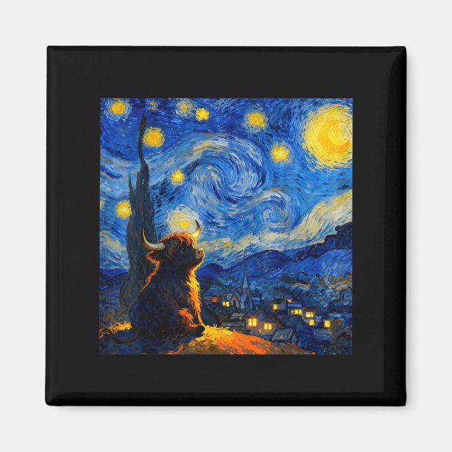 Íman Cute Highland Baby Cow Graphic Van Gogh Style Star (Frente)