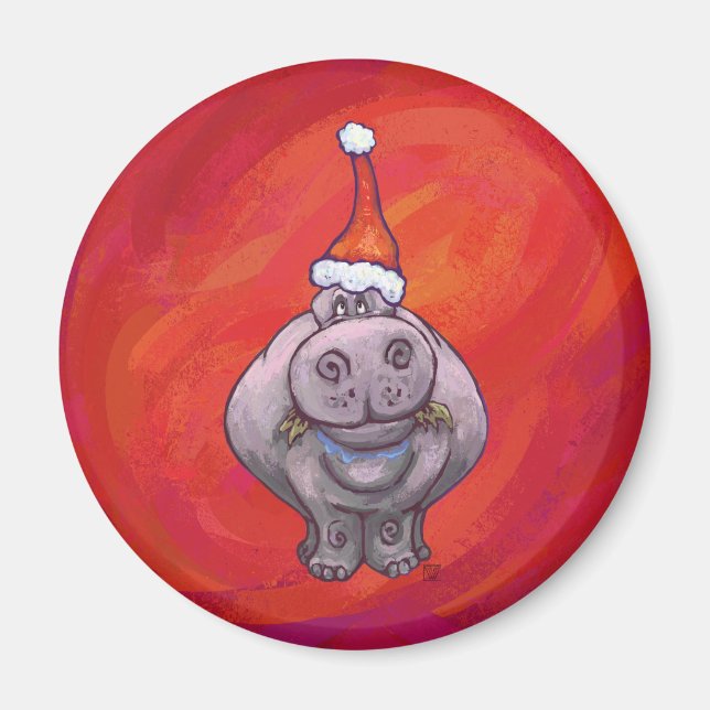 Íman Cute Hippo em Santa Hat em Vermelho (Frente)