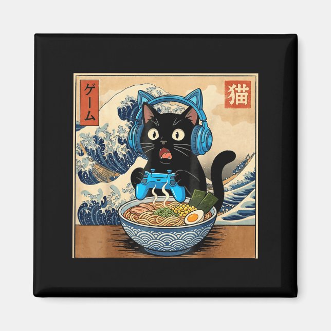 Íman Cute Kawaii Gamer Cat Funny Ramen Japanese Cat Gam (Frente)